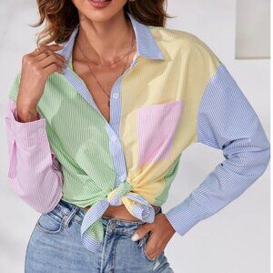 Multicolor Striped Casual Oversized Button Down Shirt (Blue, Green, Yellow, Pink